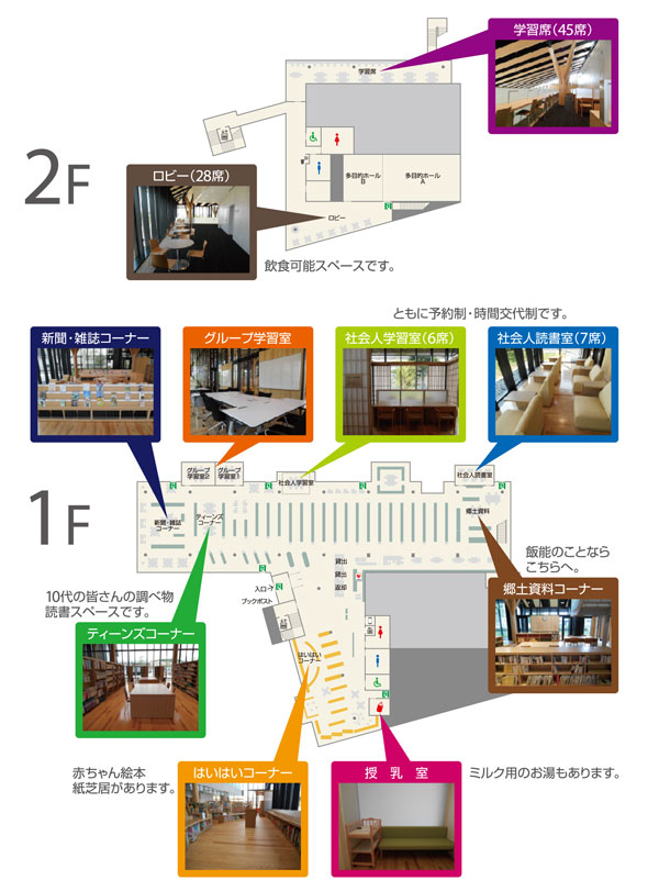 2階 ロビー28席、学習室45席、1階 新聞雑誌コーナー、グループ学習室、社会人学習室6席・社会人読書室7席（ともに予約制・時間交代制です。）、ティーンズコーナー（10代の皆さんの調べ物読書スペースです。）、郷土資料コーナー（飯能のことならこちらへ。）、はいはいコーナー（赤ちゃん絵本・紙芝居があります。）、授乳室（ミルク用のお湯もあります。）
